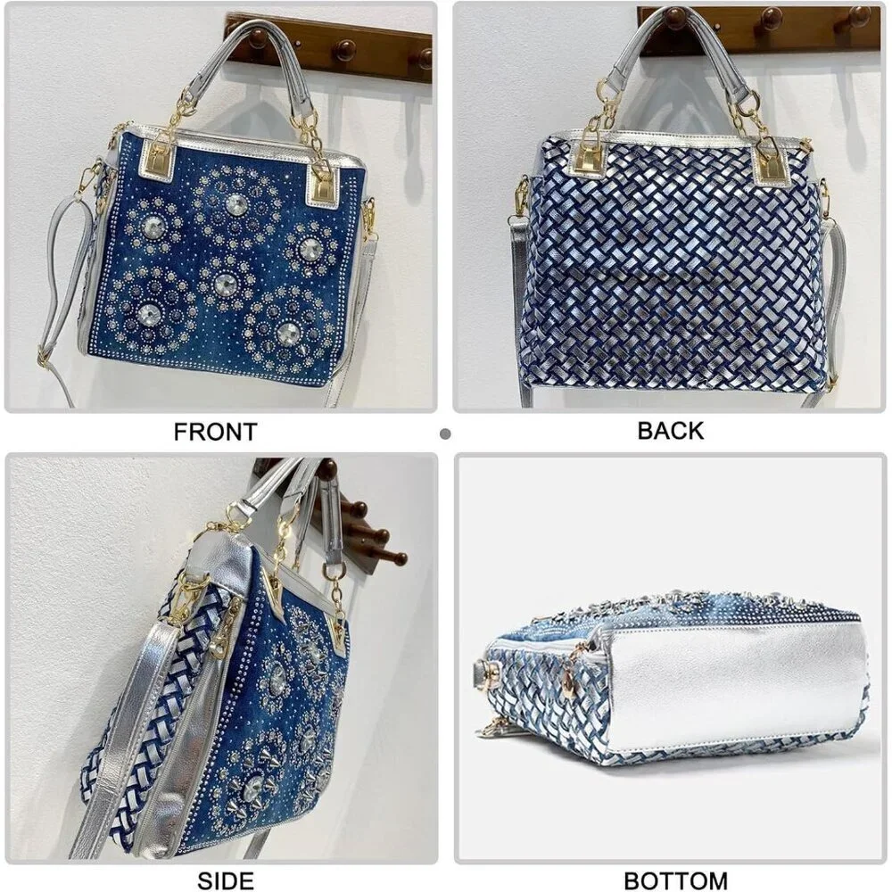 Women's Denim Crossbody Bag Rhinestone Large Purse for Casual and Formal Wear